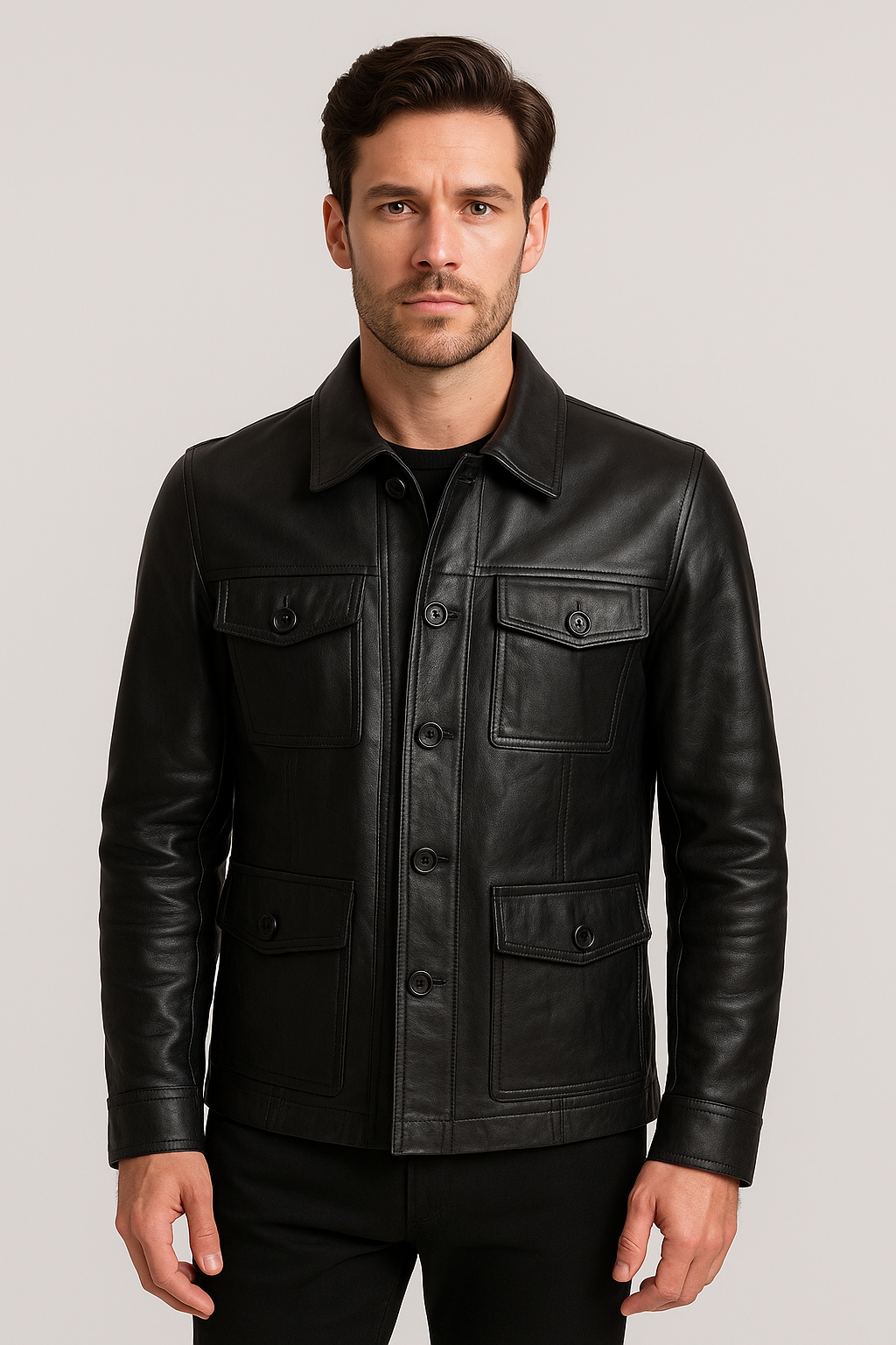 Men's Classic Black Leather Utility Jacket with Button-Up Design