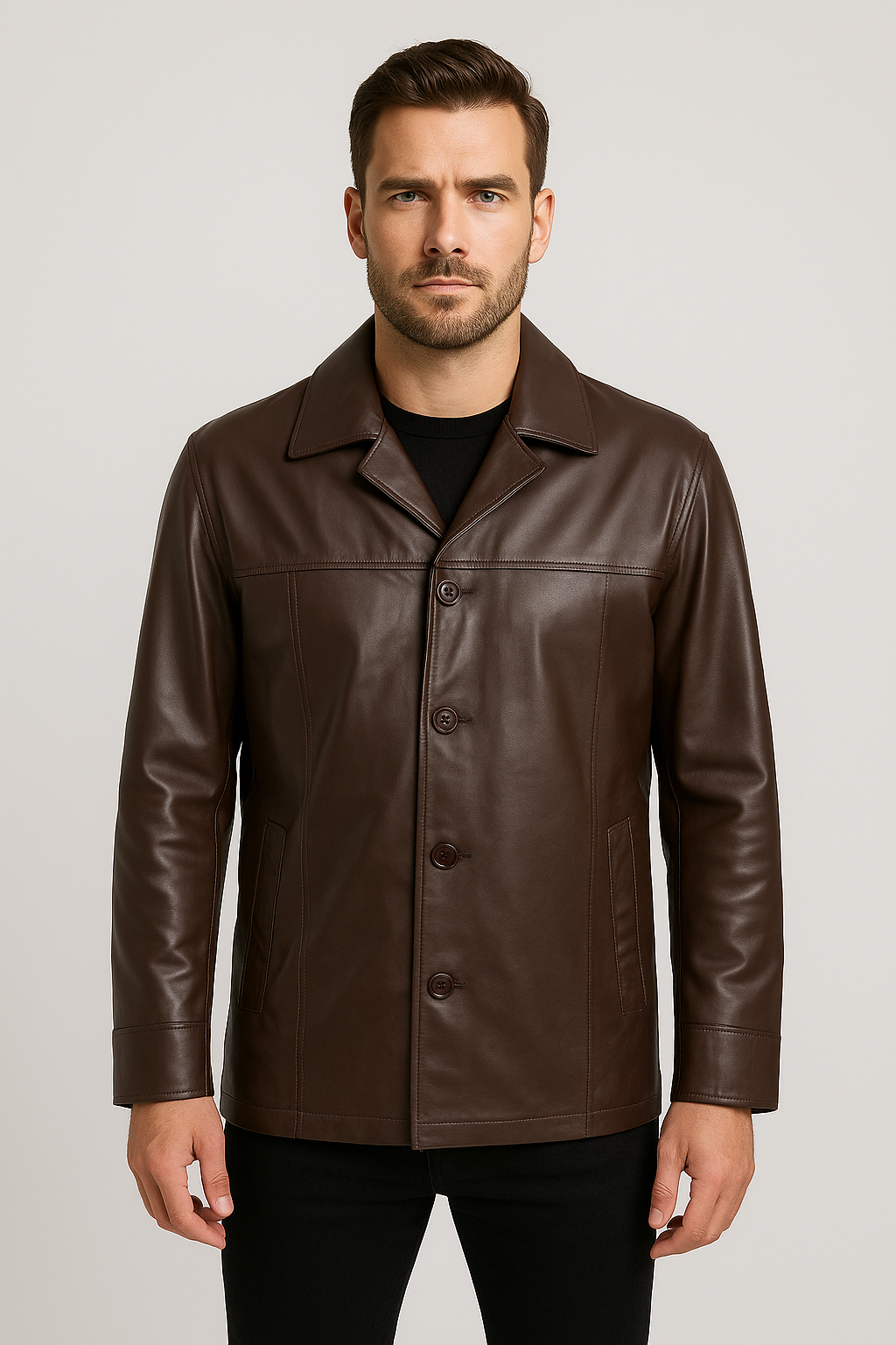 Classic Brown Button-Up Leather Jacket for Men