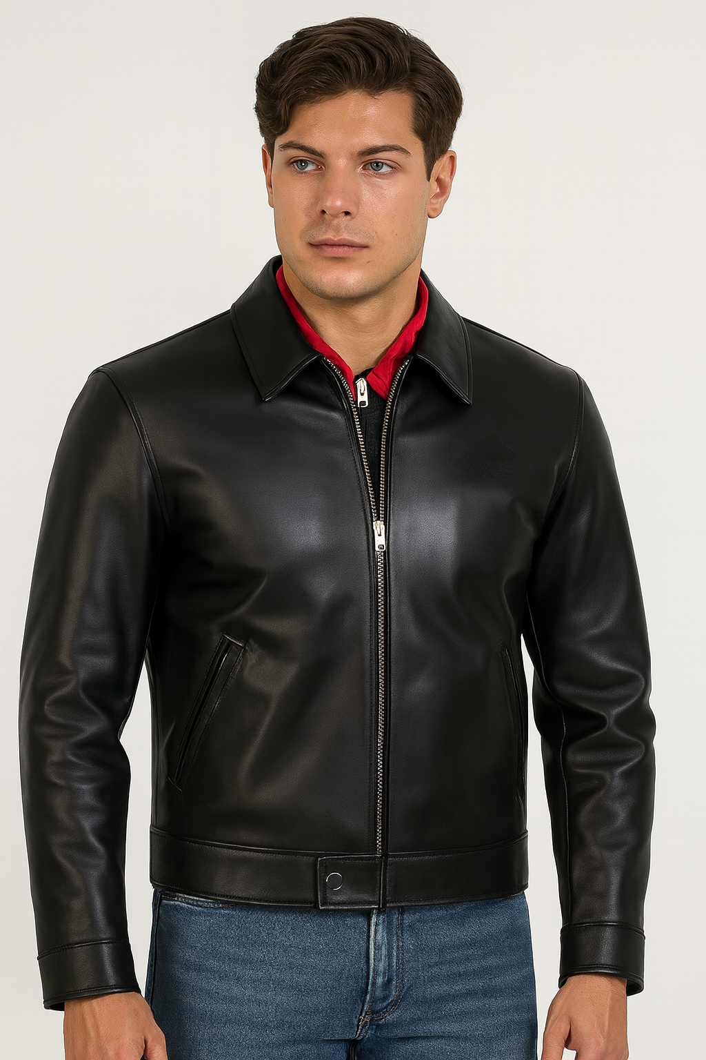 Men's Black Glossy Zip-Up Leather Jacket with Collar