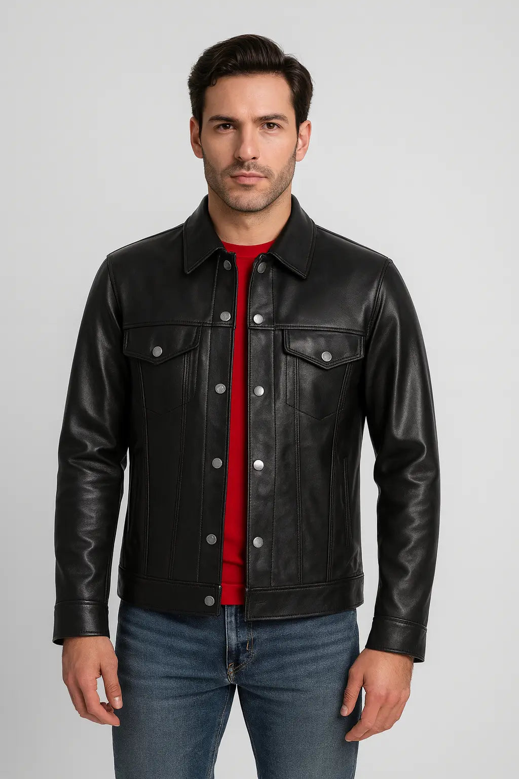 Classic Black Leather Button-Up Jacket for Men Custom Leathers