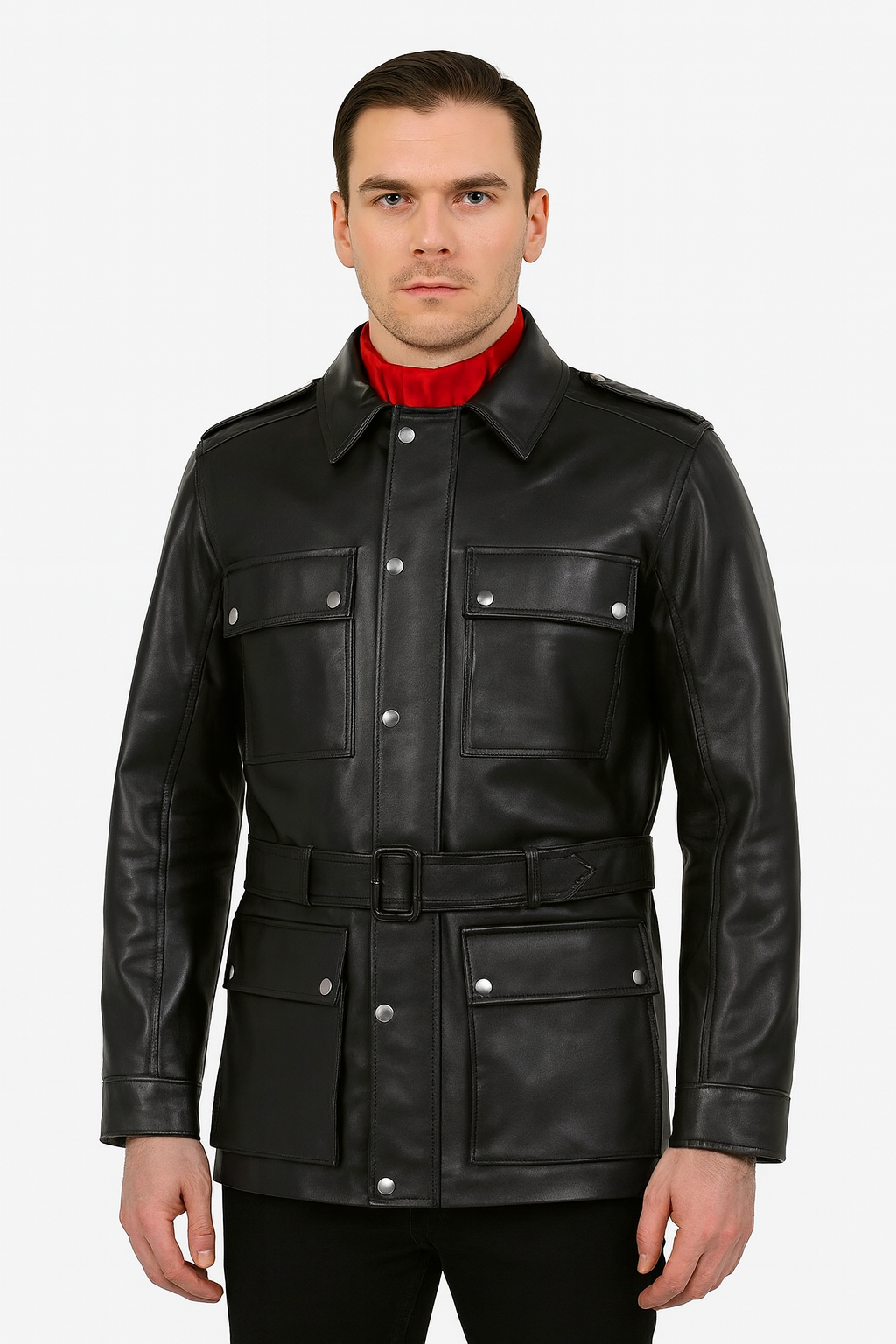 Men's Black Tactical Leather Belted Jacket