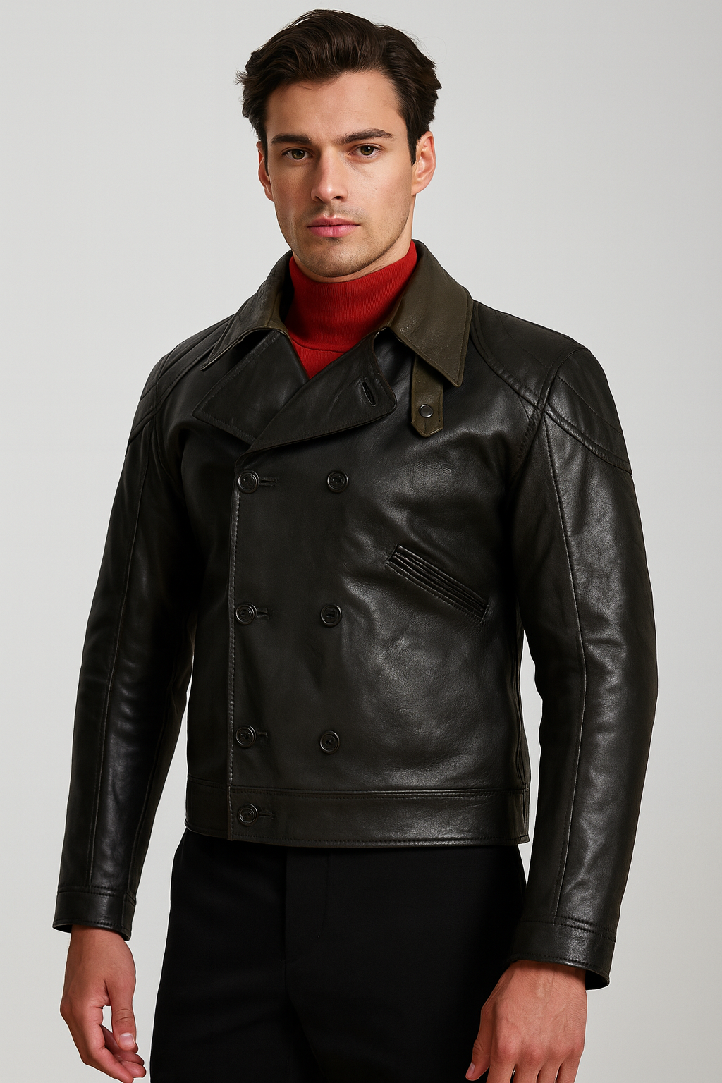 Vintage Black Leather Double-Breasted Pilot Jacket for Men