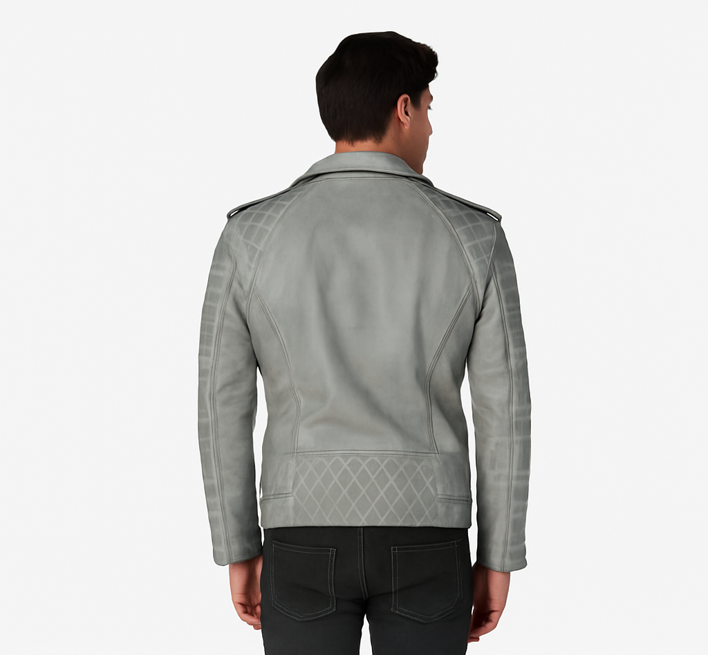 Urban Silver Quilted Biker Leather Jacket for Men
