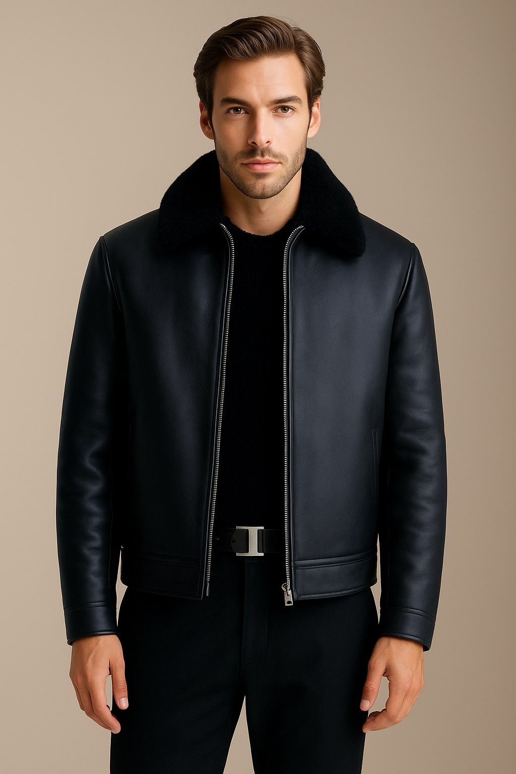 Men's Shearling-Lined Black Leather Bomber Jacket