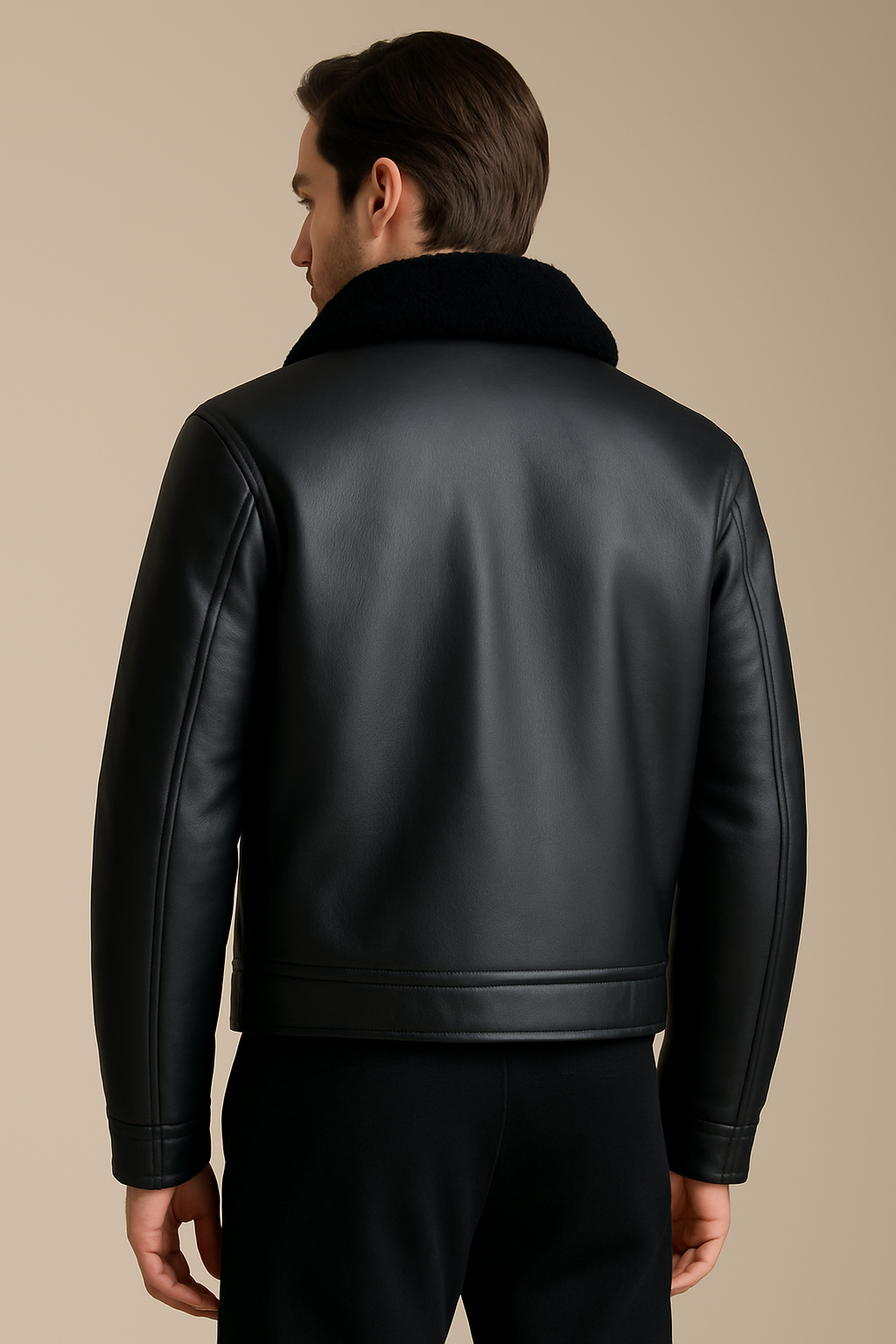 Men's Shearling-Lined Black Leather Bomber Jacket