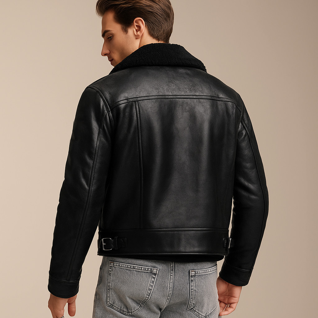 Men's Classic Black Shearling-Lined Aviator Leather Jacket
