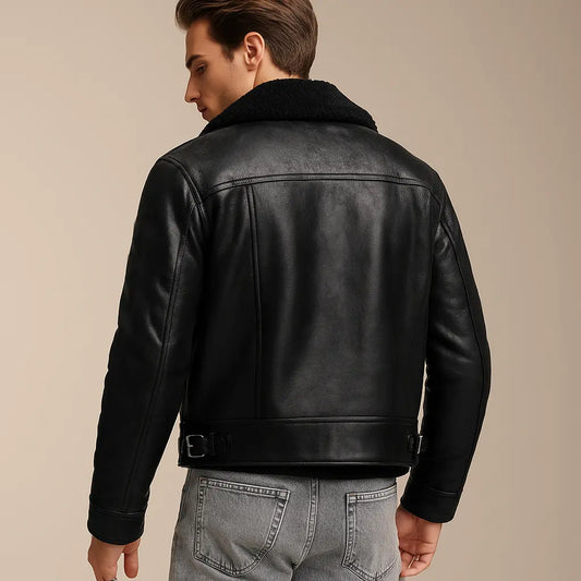 Men's Classic Black Shearling-Lined Aviator Leather Jacket Custom Leathers
