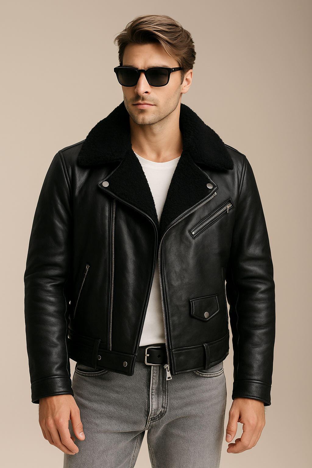 Men's Classic Black Shearling-Lined Aviator Leather Jacket