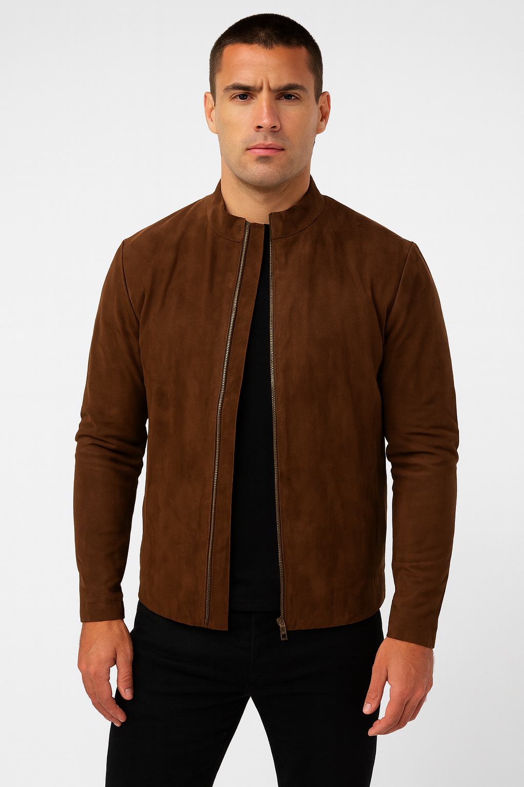 Men's Classic Brown Suede Leather Jacket – Minimalist Stand Collar Design