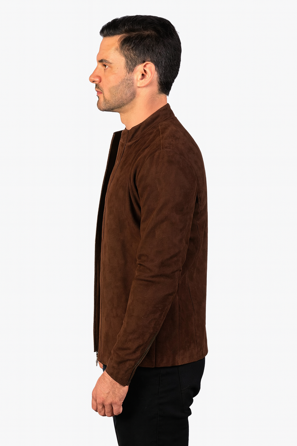 Men's Classic Brown Suede Leather Jacket – Minimalist Stand Collar Design