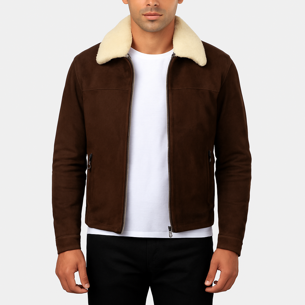 Men’s Brown Shearling Collar Suede Jacket