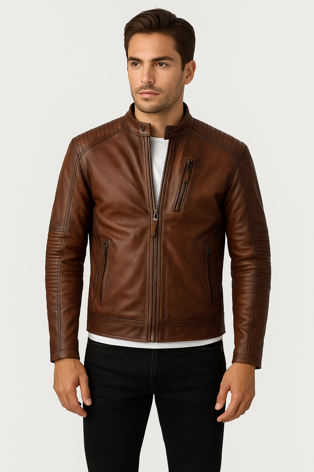 Men’s Vintage Brown Leather Biker Jacket with Quilted Shoulder Design