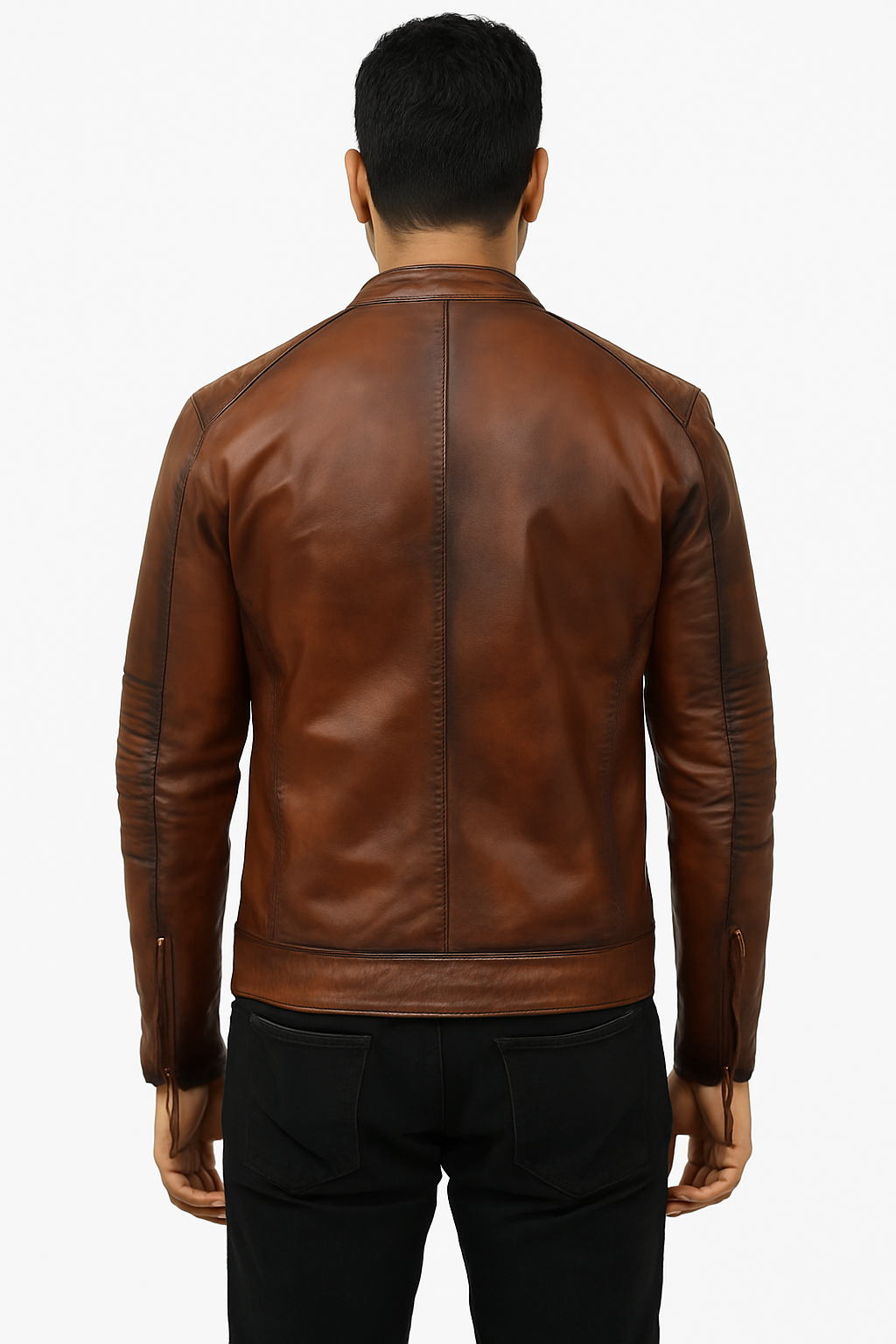 Men’s Vintage Brown Leather Biker Jacket with Quilted Shoulder Design
