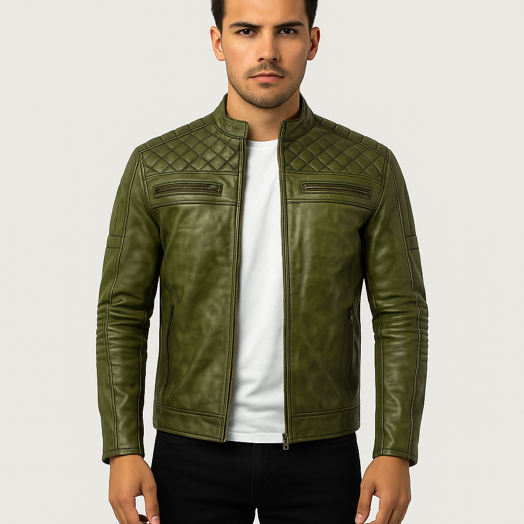Men’s Olive Green Quilted Leather Biker Jacket