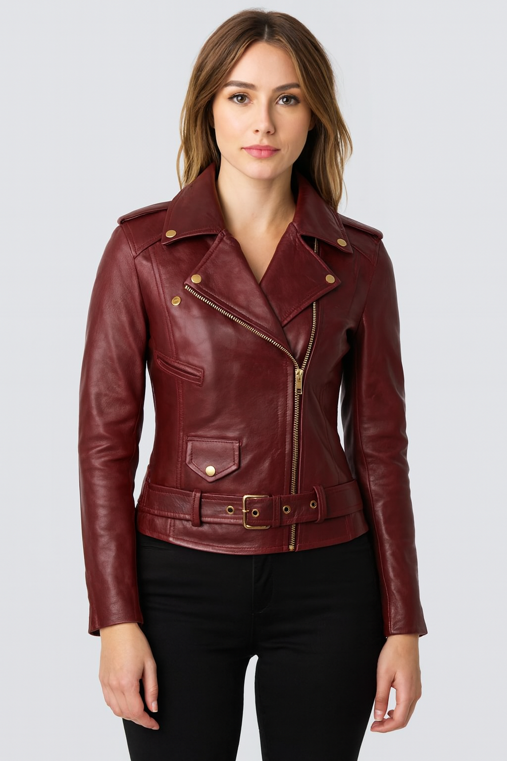 Women's Maroon Leather Biker Jacket with Asymmetrical Zipper and Waist Belt