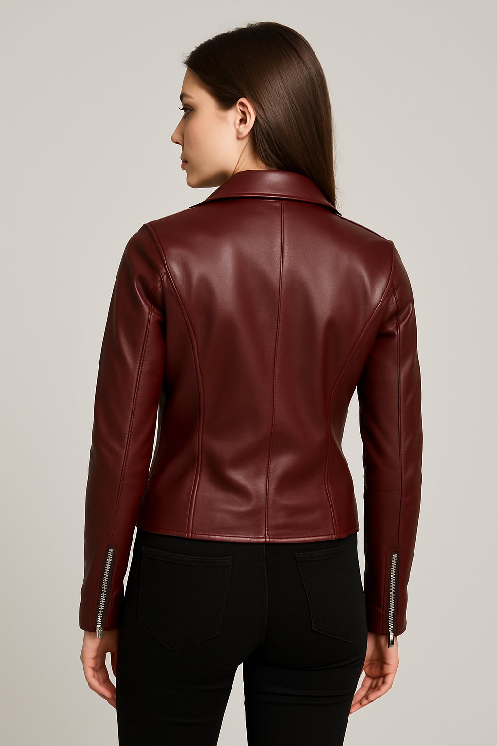 Women's Maroon Leather Biker Jacket with Asymmetrical Zipper and Waist Belt
