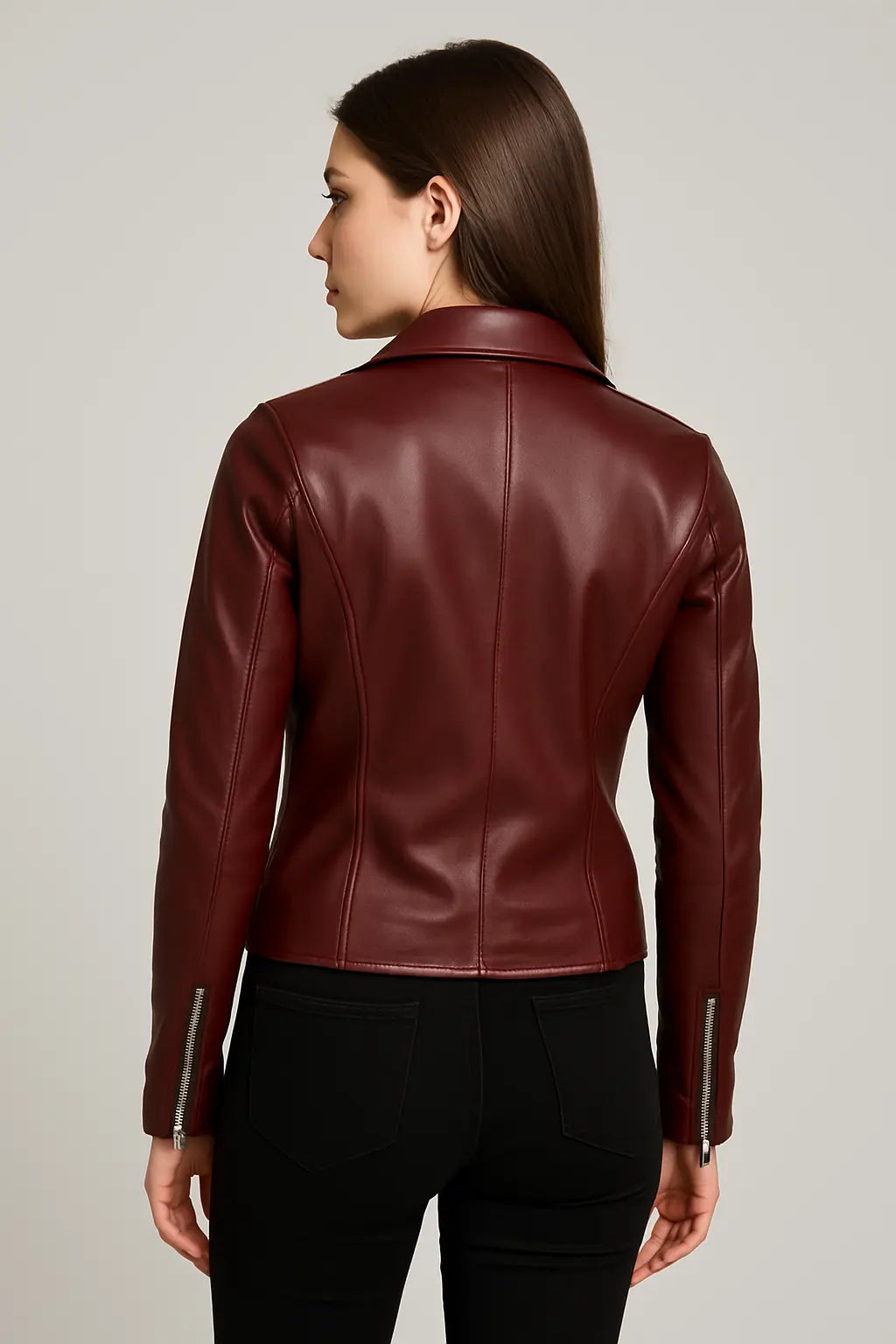 Women's Maroon Leather Biker Jacket with Asymmetrical Zipper and Waist Belt Custom Leathers