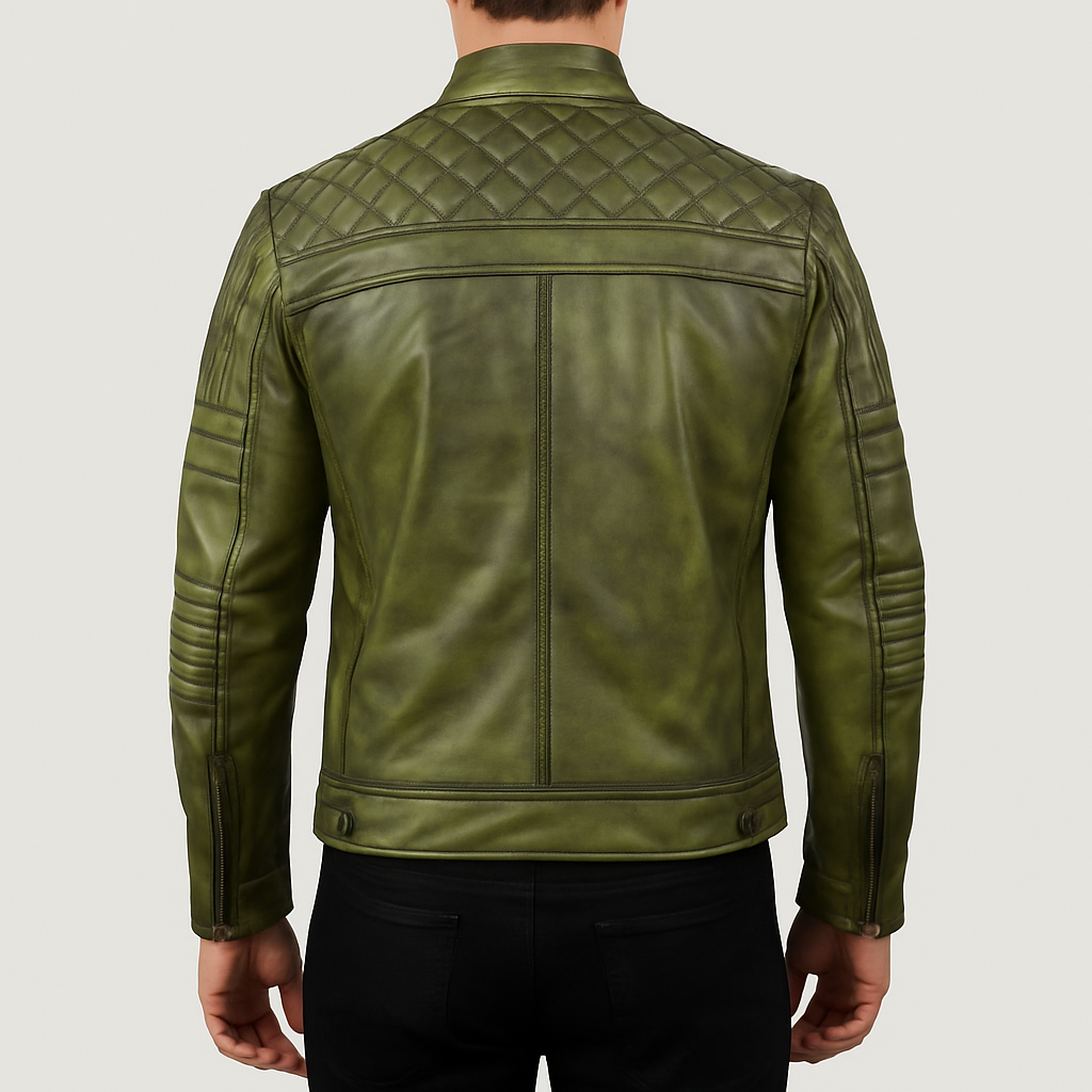 Men’s Olive Green Quilted Leather Biker Jacket
