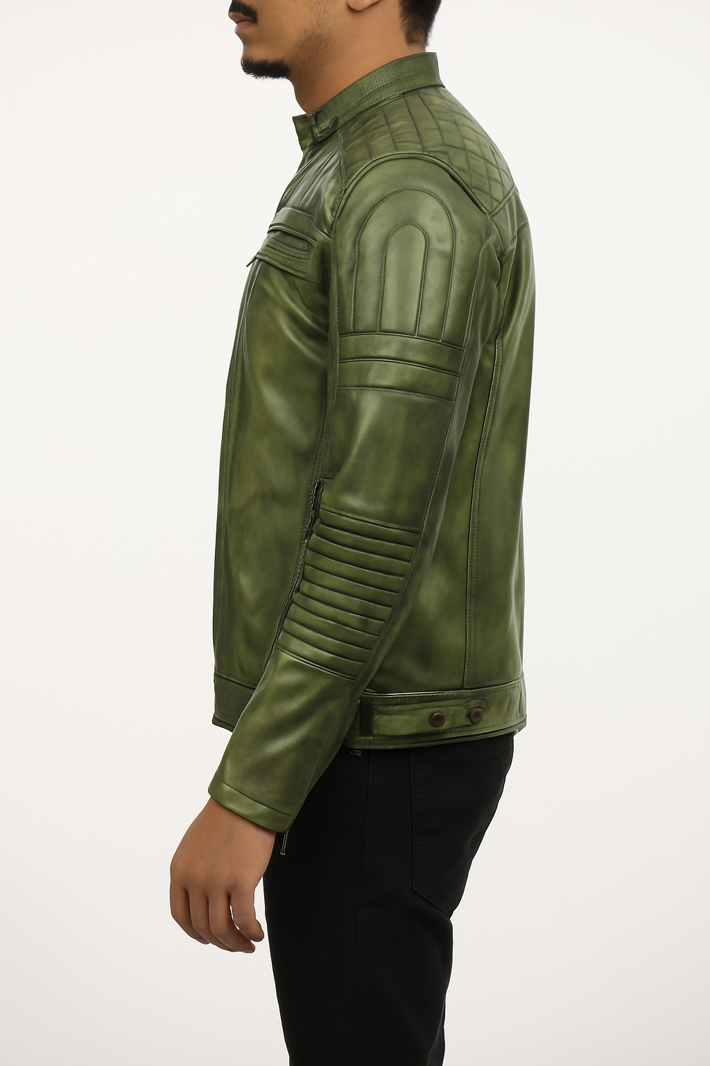 Men’s Olive Green Quilted Leather Biker Jacket