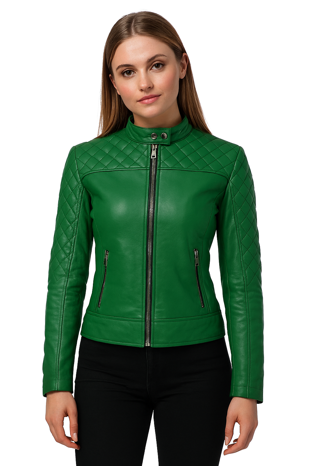 Emerald Green Quilted Leather Jacket for Women – Slim Fit Biker Style