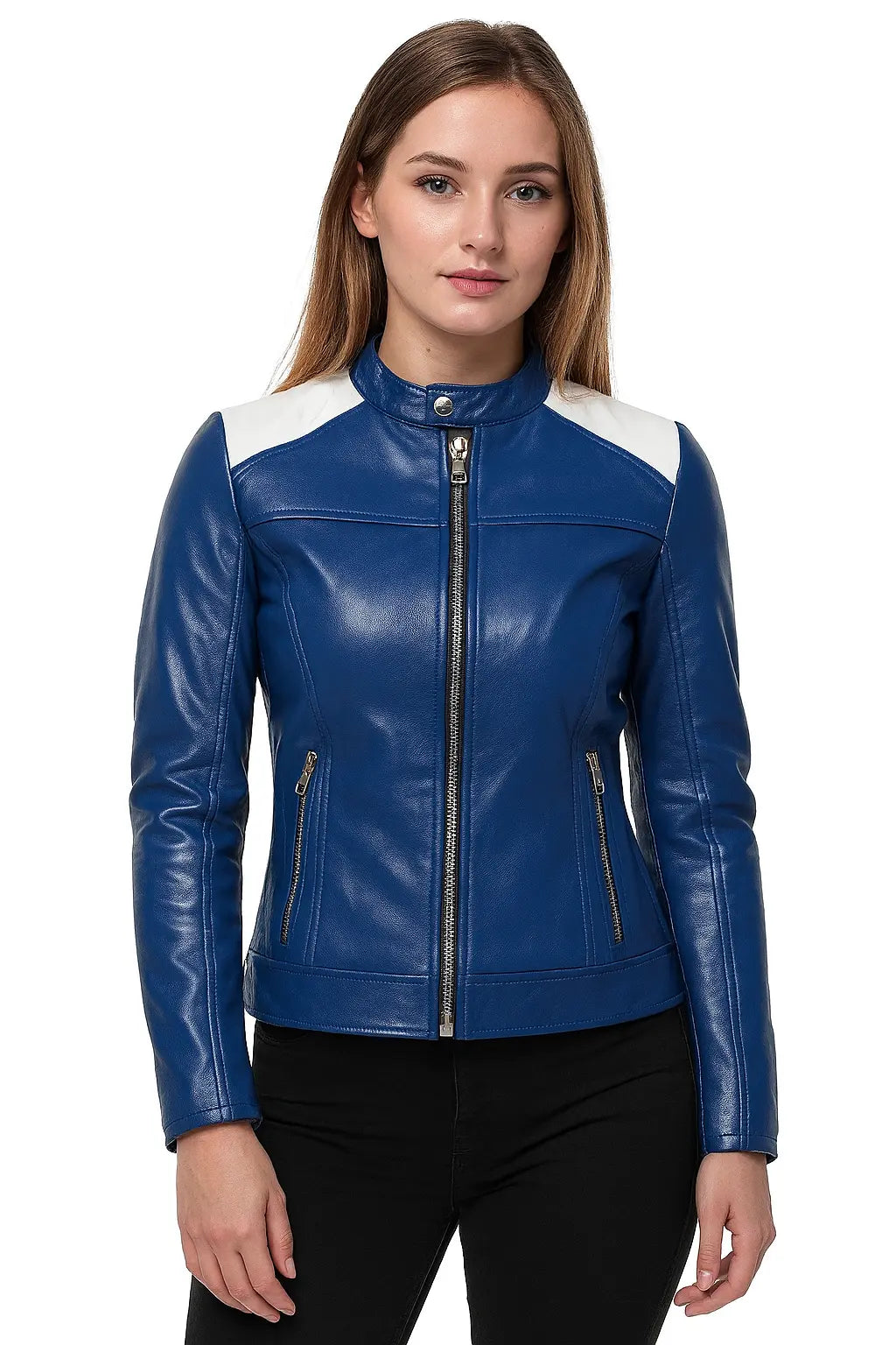Bold Blue & White Leather Biker Jacket for Women Custom Leathers