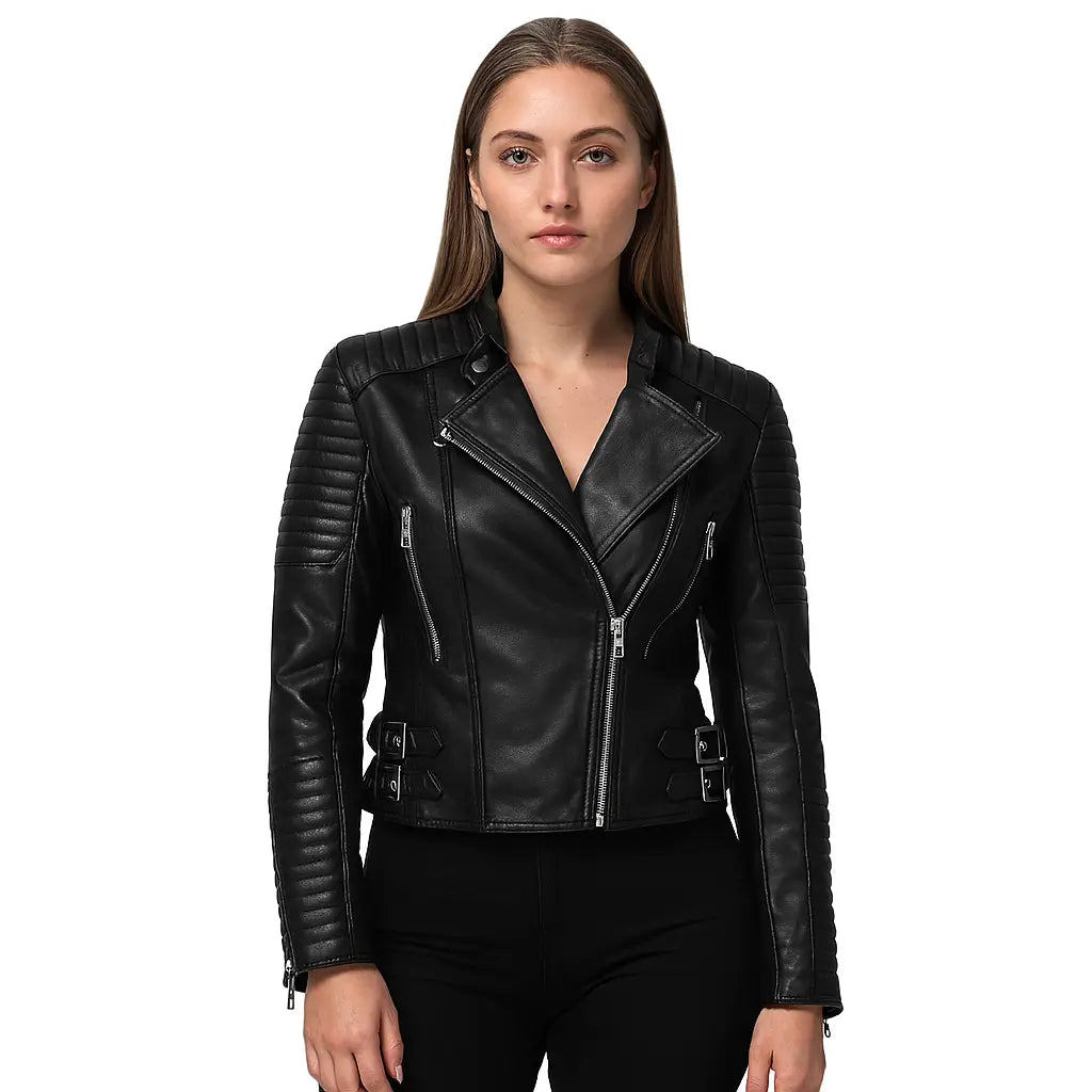 Women's Black Quilted Biker Leather Jacket with Stylish Buckle Detailing Custom Leathers
