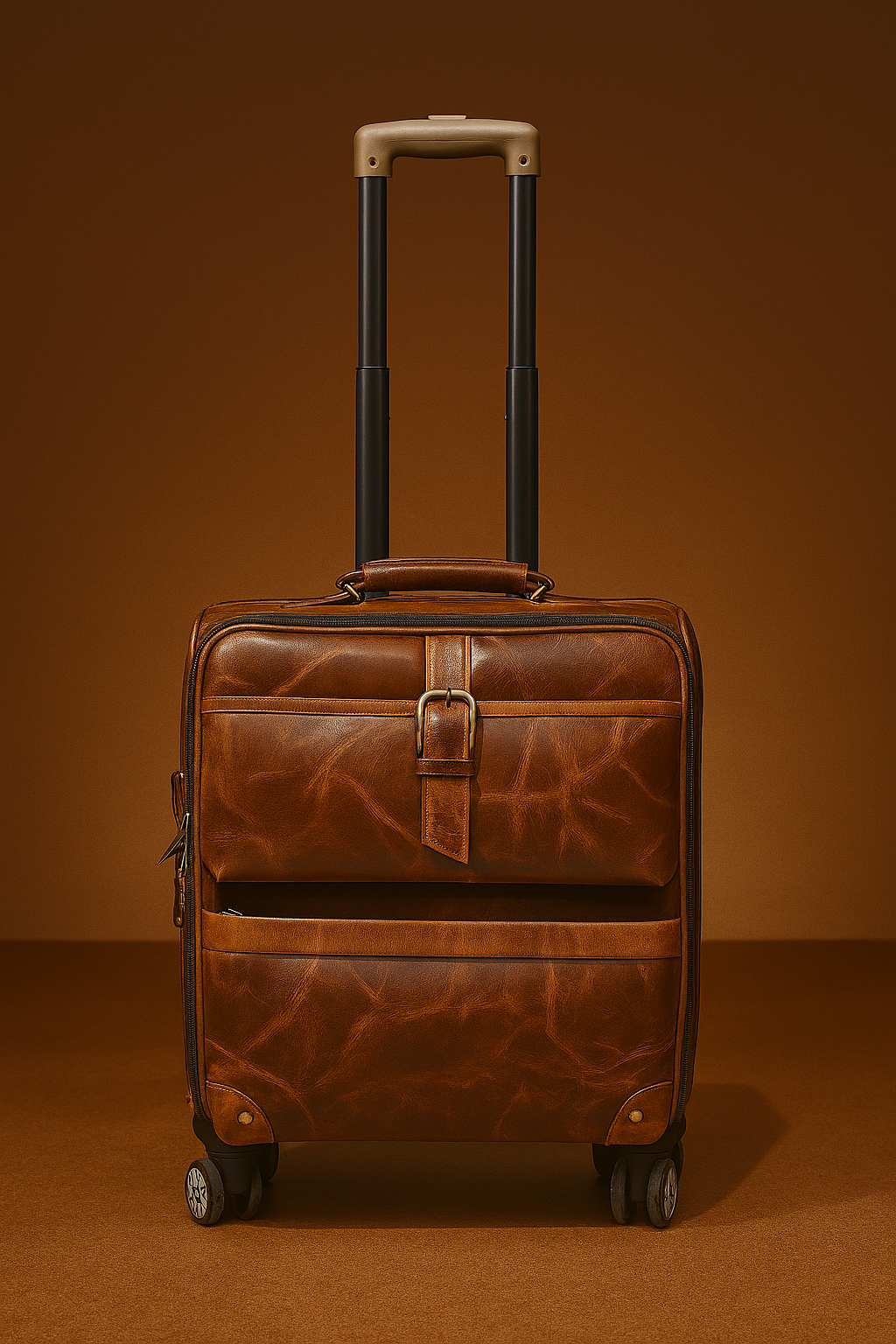 Classic Tan Leather Travel Trolley with Vintage Finish
