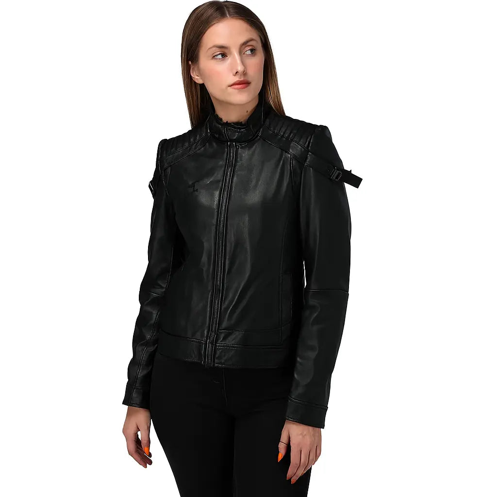 Women's Black Leather Jacket with Shoulder Strap Detailing Custom Leathers