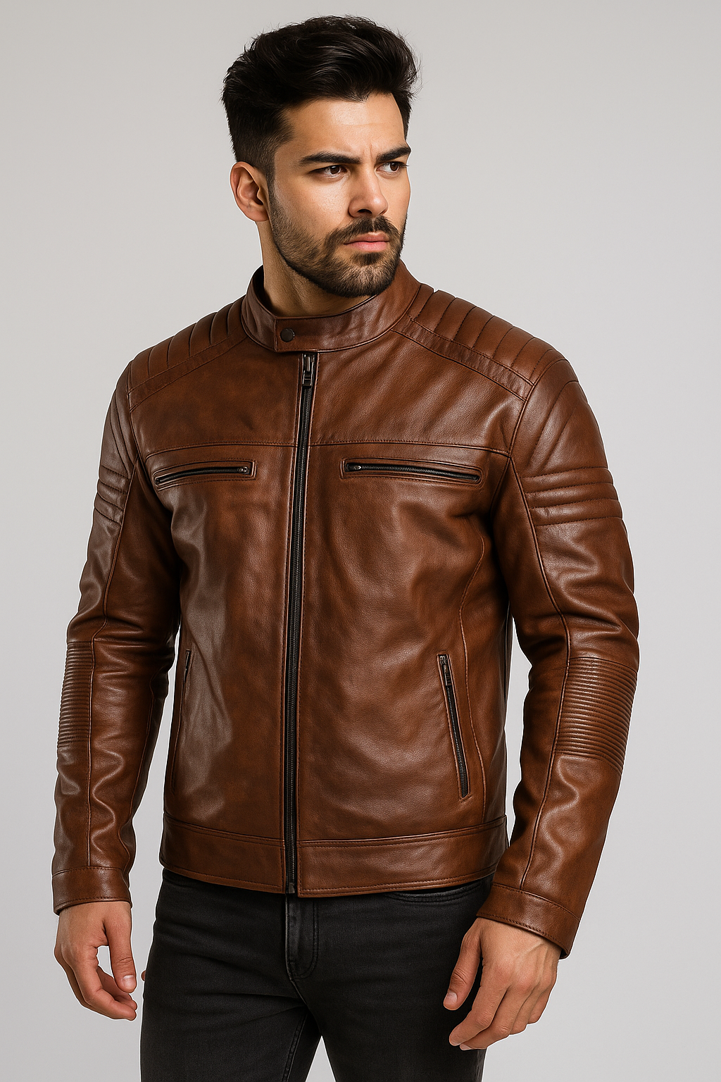 Men’s Classic Brown Faux Leather Biker Jacket – Urban Rider Style