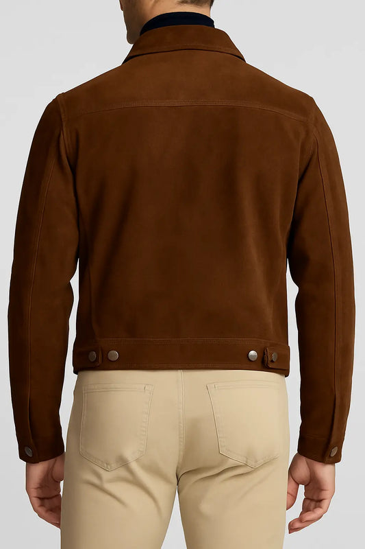 Men’s Classic Brown Suede Trucker Jacket – Smart & Timeless Custom Leathers