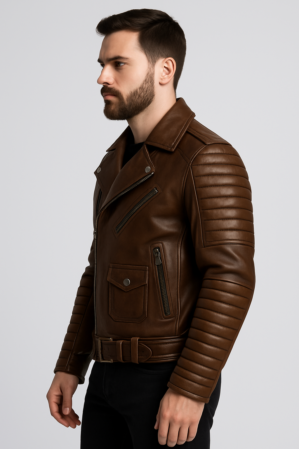 Men’s Distressed Brown Quilted Leather Biker Jacket – Vintage Rebel Style