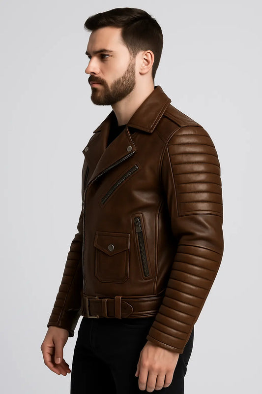 Men’s Distressed Brown Quilted Leather Biker Jacket – Vintage Rebel Style Custom Leathers