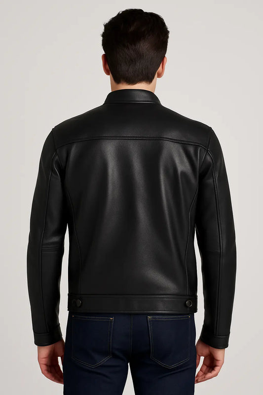 Classic Black Leather Biker Jacket for Men – Military Pocket Design Custom Leathers