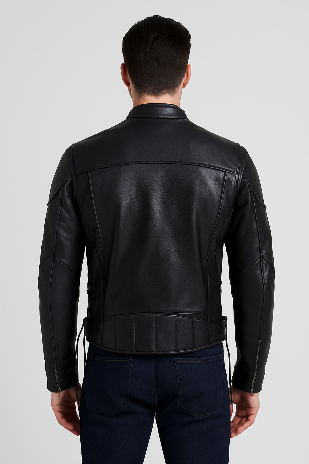Men’s Classic Black Leather Motorcycle Jacket with Zippered Pockets and Side Laces