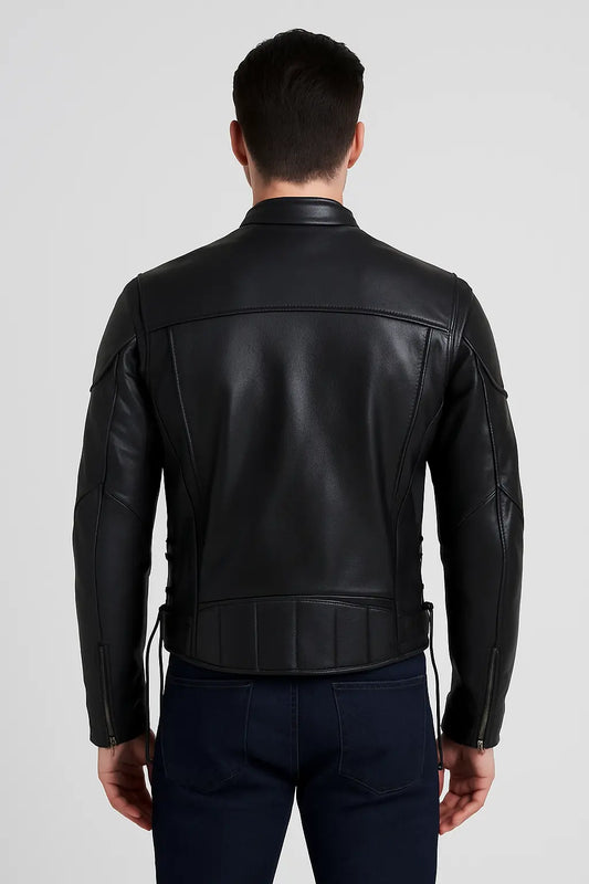 Men’s Classic Black Leather Motorcycle Jacket with Zippered Pockets and Side Laces Custom Leathers