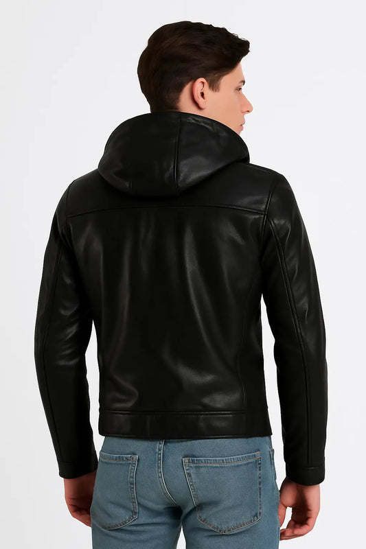 Men's Black Leather Jacket with Detachable Hood – Urban Street Style Custom Leathers