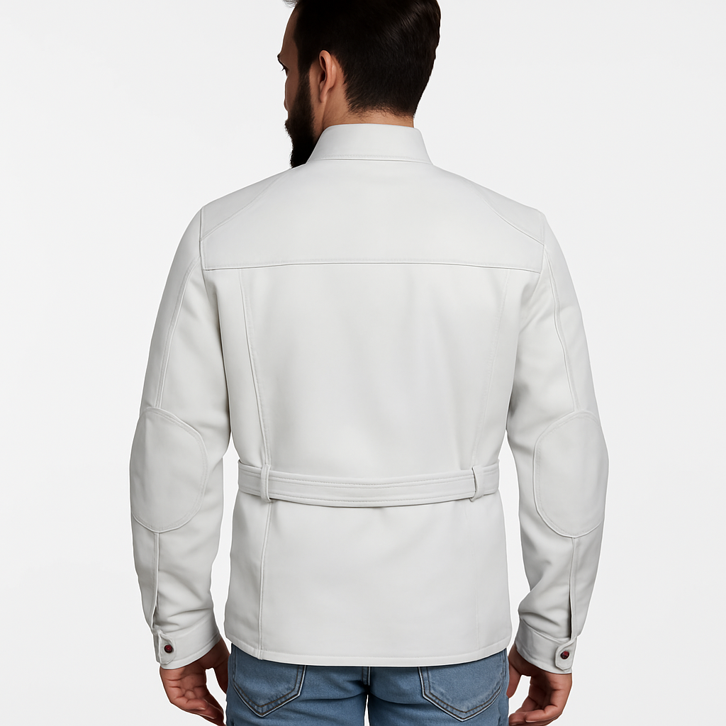 Men's White Leather Safari Belted Jacket – Military-Inspired Elegance