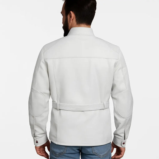 Men's White Leather Safari Belted Jacket – Military-Inspired Elegance Custom Leathers