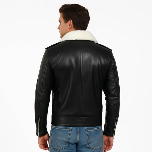 Men's Black Leather Aviator Jacket with White Fur Collar Custom Leathers