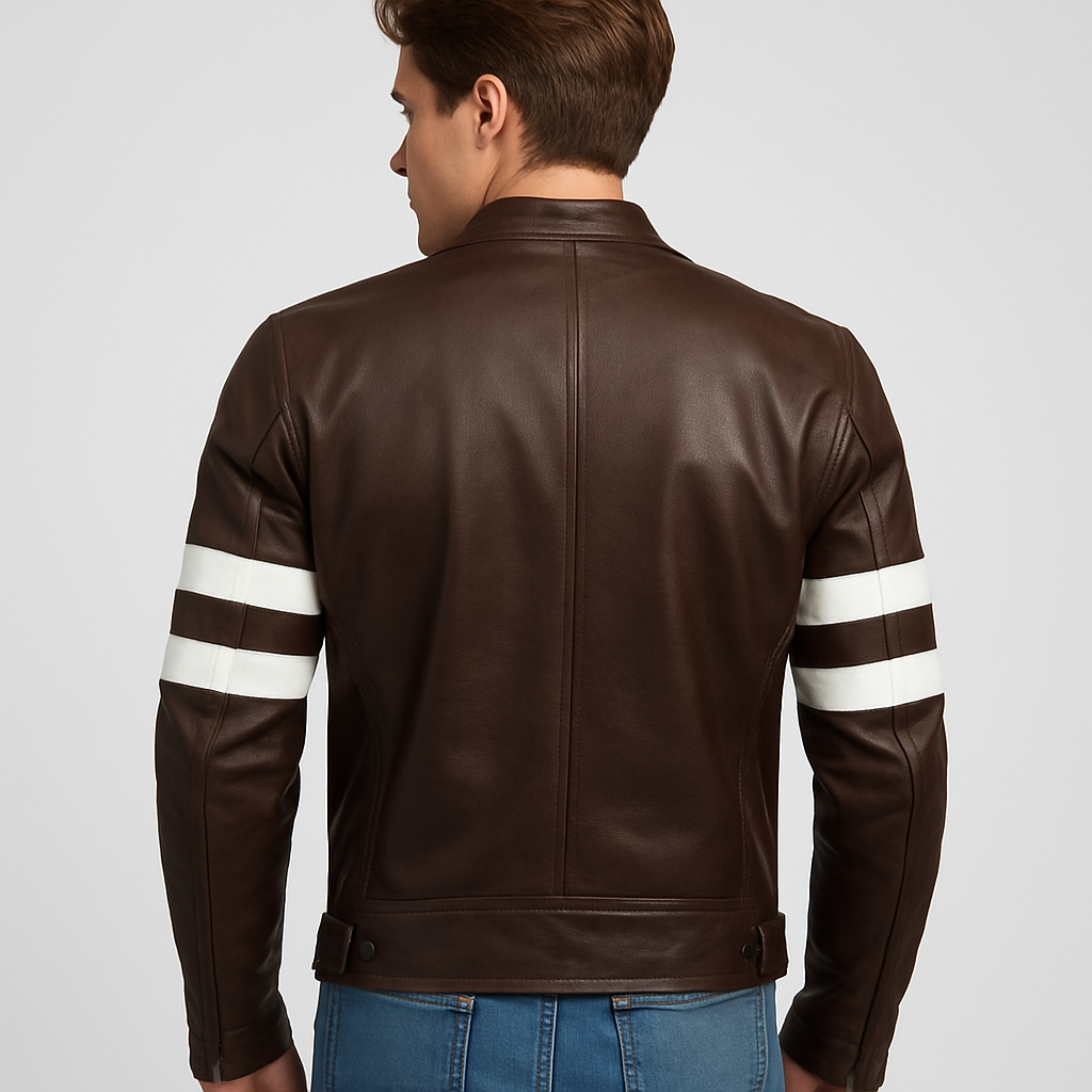 Vintage Brown Leather Biker Jacket with White Racing Stripes for Men