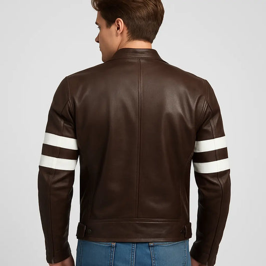 Vintage Brown Leather Biker Jacket with White Racing Stripes for Men Custom Leathers