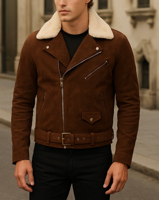 Men's Brown Suede Shearling Collar Biker Jacket