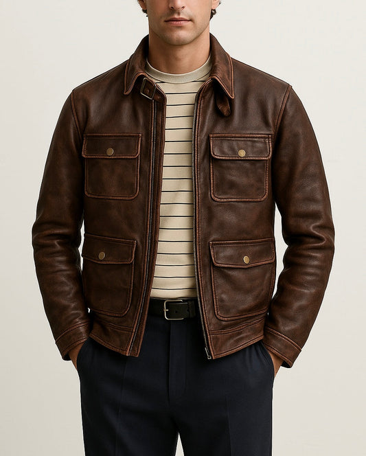 Men's Vintage Brown Leather Field Jacket