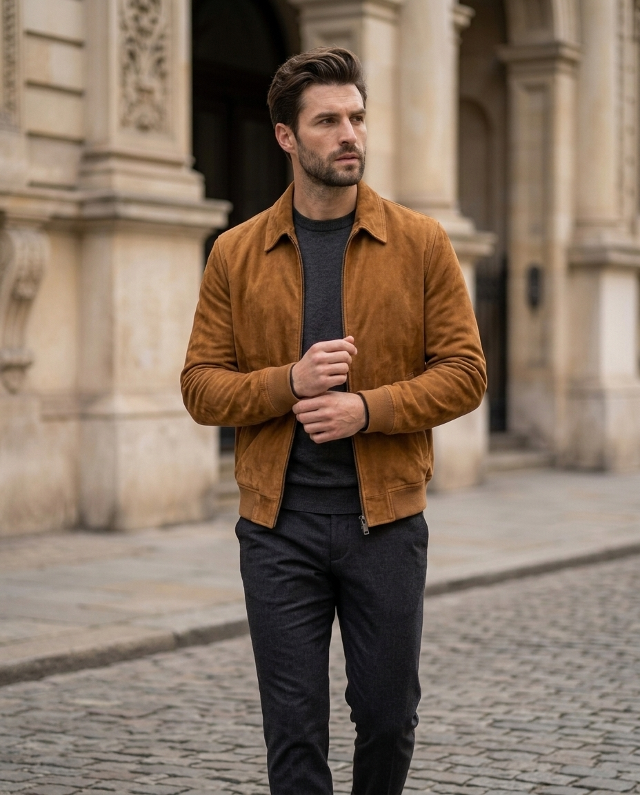Men's Classic Tan Suede Zip Jacket