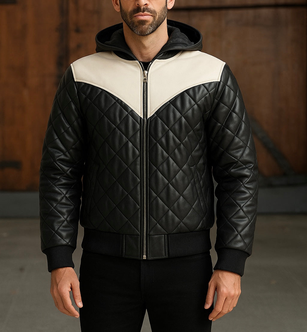 Men's Black Quilted Leather Jacket with White Panel & Hood