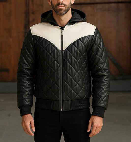 Men's Black Quilted Leather Jacket with White Panel & Hood
