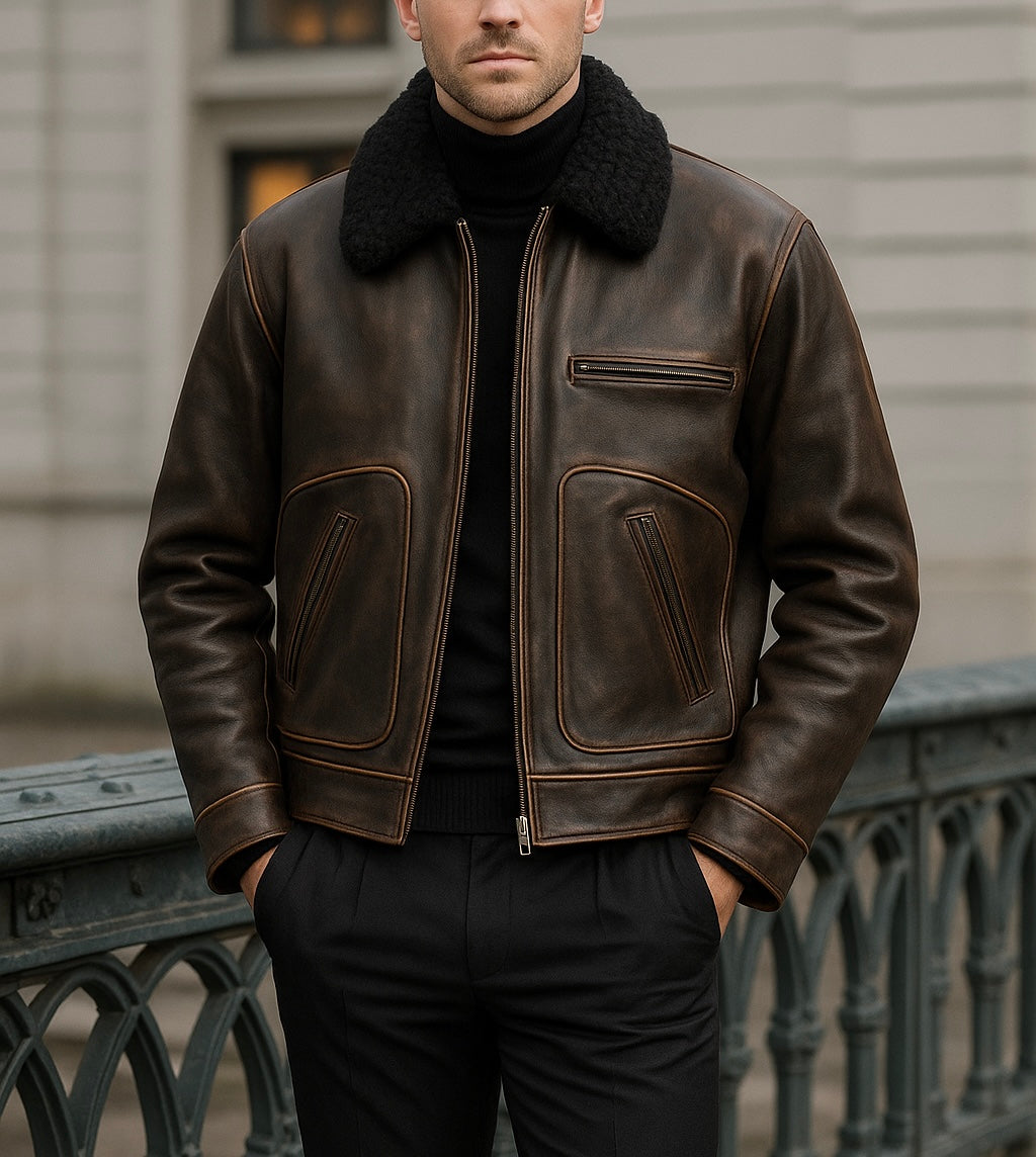 Men's Brown Leather Bomber Jacket with Shearling Collar