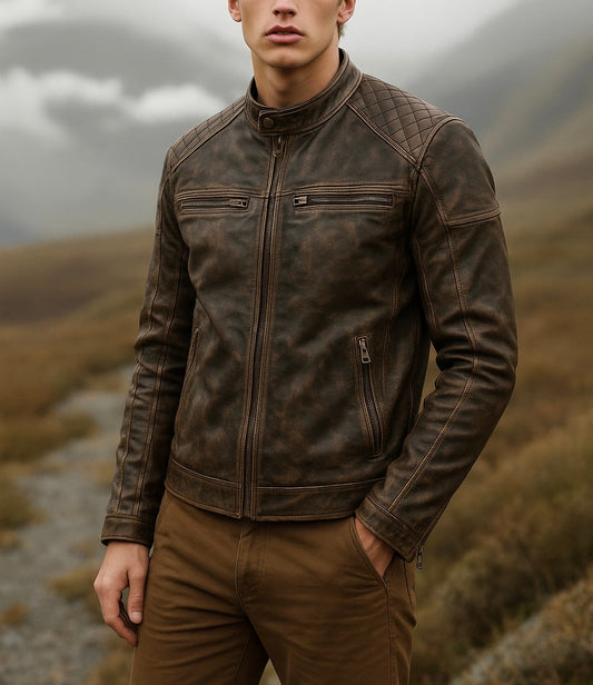 Men's Distressed Brown Leather Café Racer Jacket