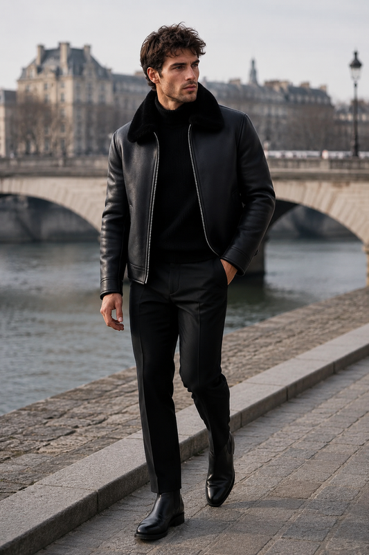 Men's Shearling-Lined Black Leather Bomber Jacket