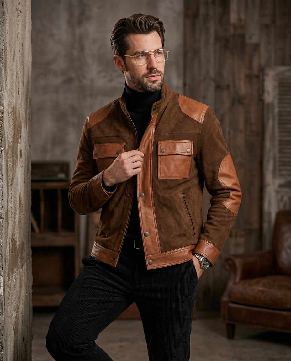 Men's Brown Two-Tone Leather & Suede Jacket